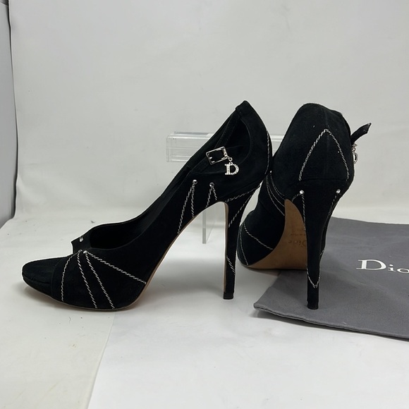 Dior Sz 39.5 Suede Embroidered Folles Peep Toe Pumps Heels - Picture 2 of 14